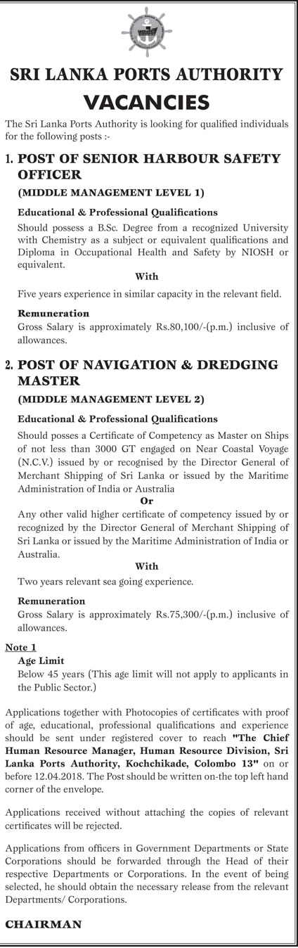 Senior Harbour Safety Officer, Navigation & Dredging Master - Sri Lanka Ports Authority